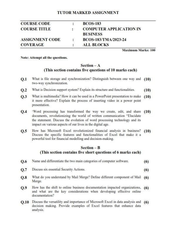 IGNOU BCOS-183 Solved Assignment 2023-24 English Medium