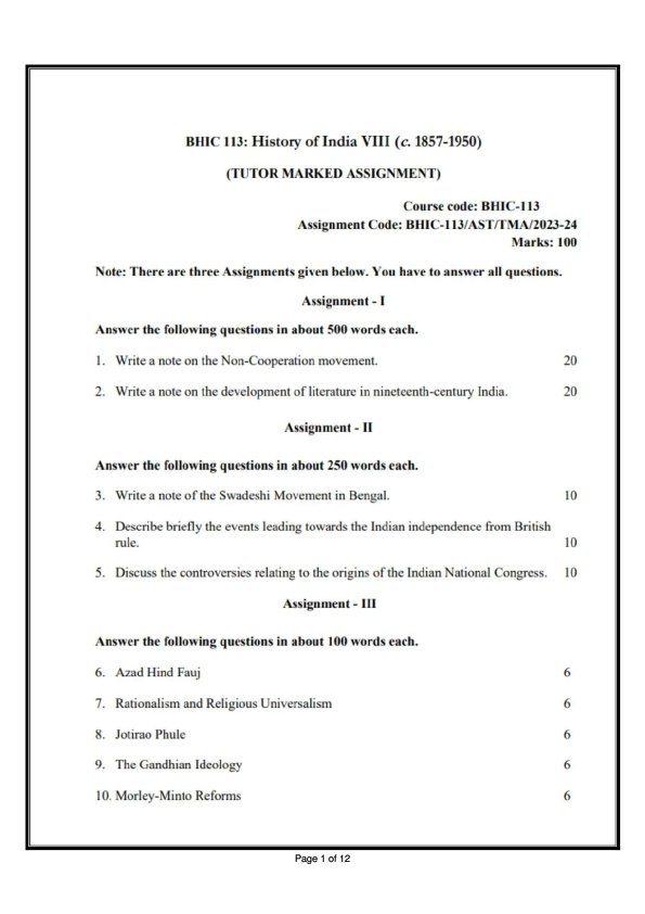 IGNOU BHIC-113 Solved Assignment 2023-24 English Medium